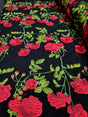 Embroidered Black Lace Fabric with Red and Green Flowers