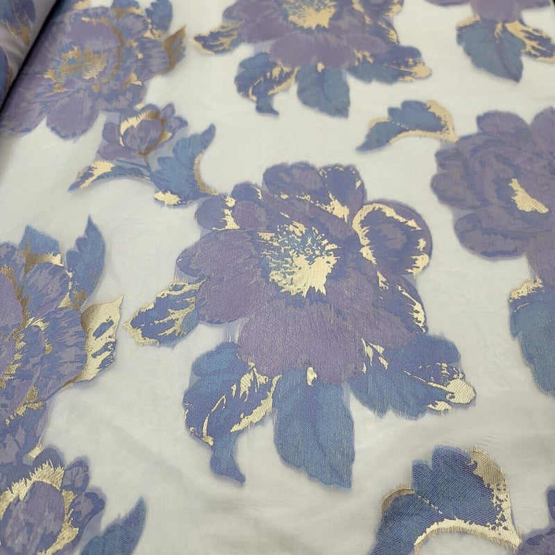 Brocade Floral Organza Fabric Lavender Blue