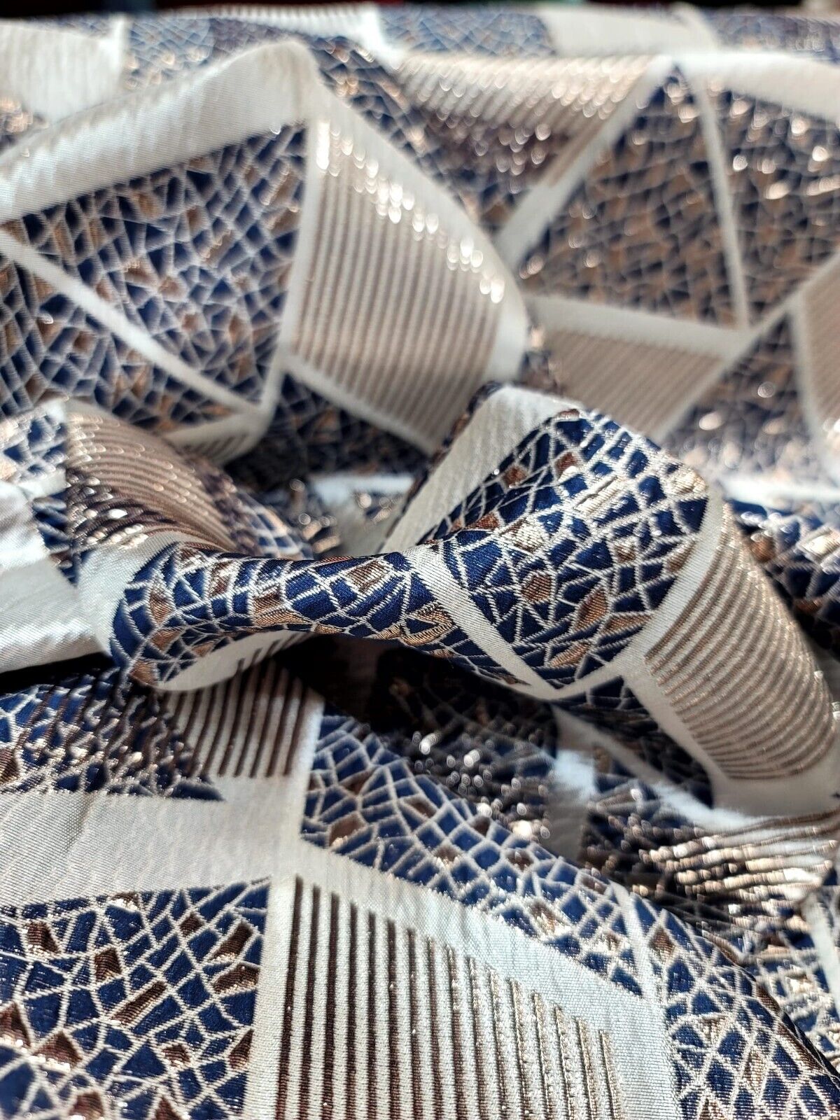 Brocade Jacquard Metallic Gold Geometric Navy Blue