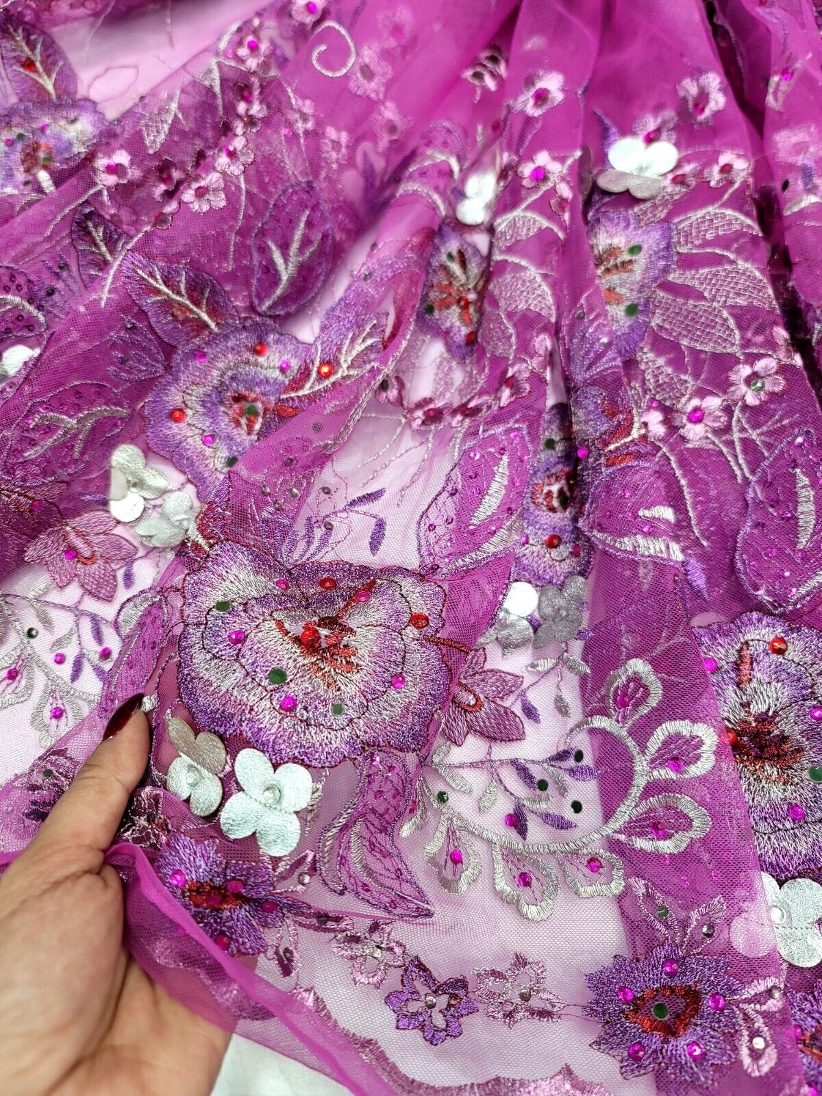 3D Floral Lace Purple with Silver Embroidery