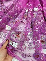 3D Floral Lace Purple with Silver Embroidery