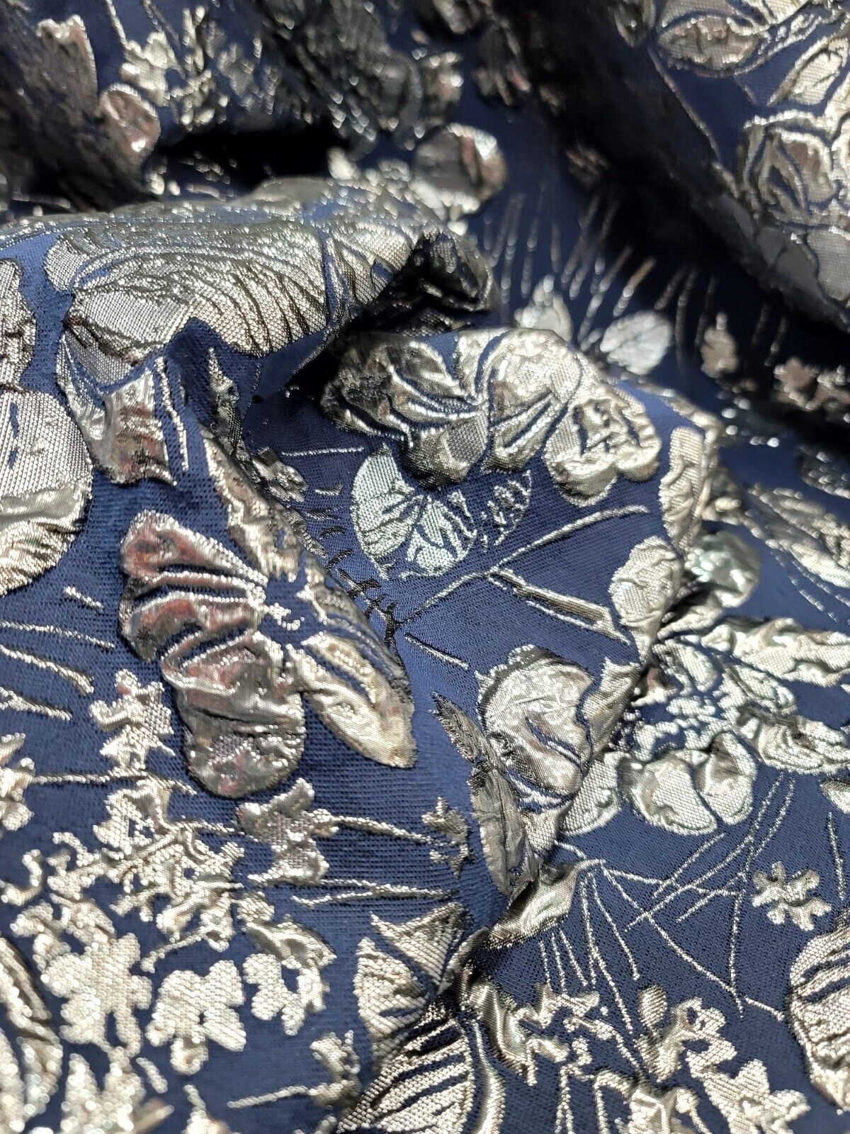 Brocade Jacquard Navy Blue Silver Floral