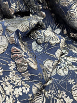 Brocade Jacquard Navy Blue Silver Floral
