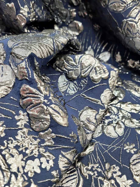 Brocade Jacquard Navy Blue Silver Floral