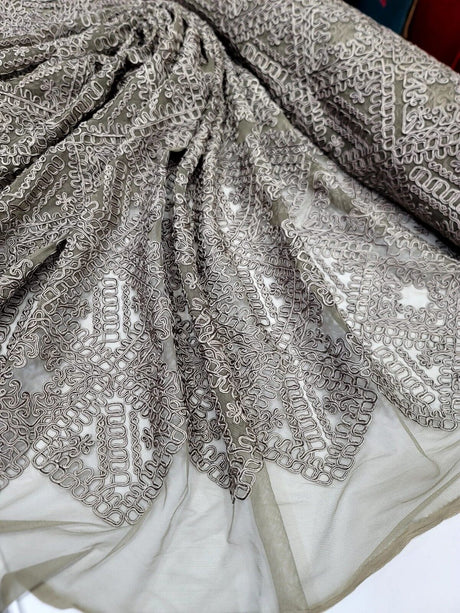 Embroidered Ribbon Lace Fabric Dark Olive Green
