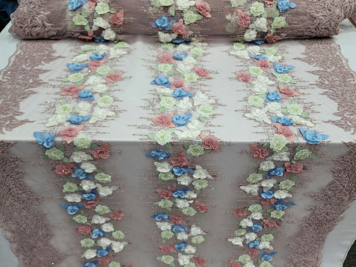 3D Beaded Lace Dusty Rose Blue Sage Floral