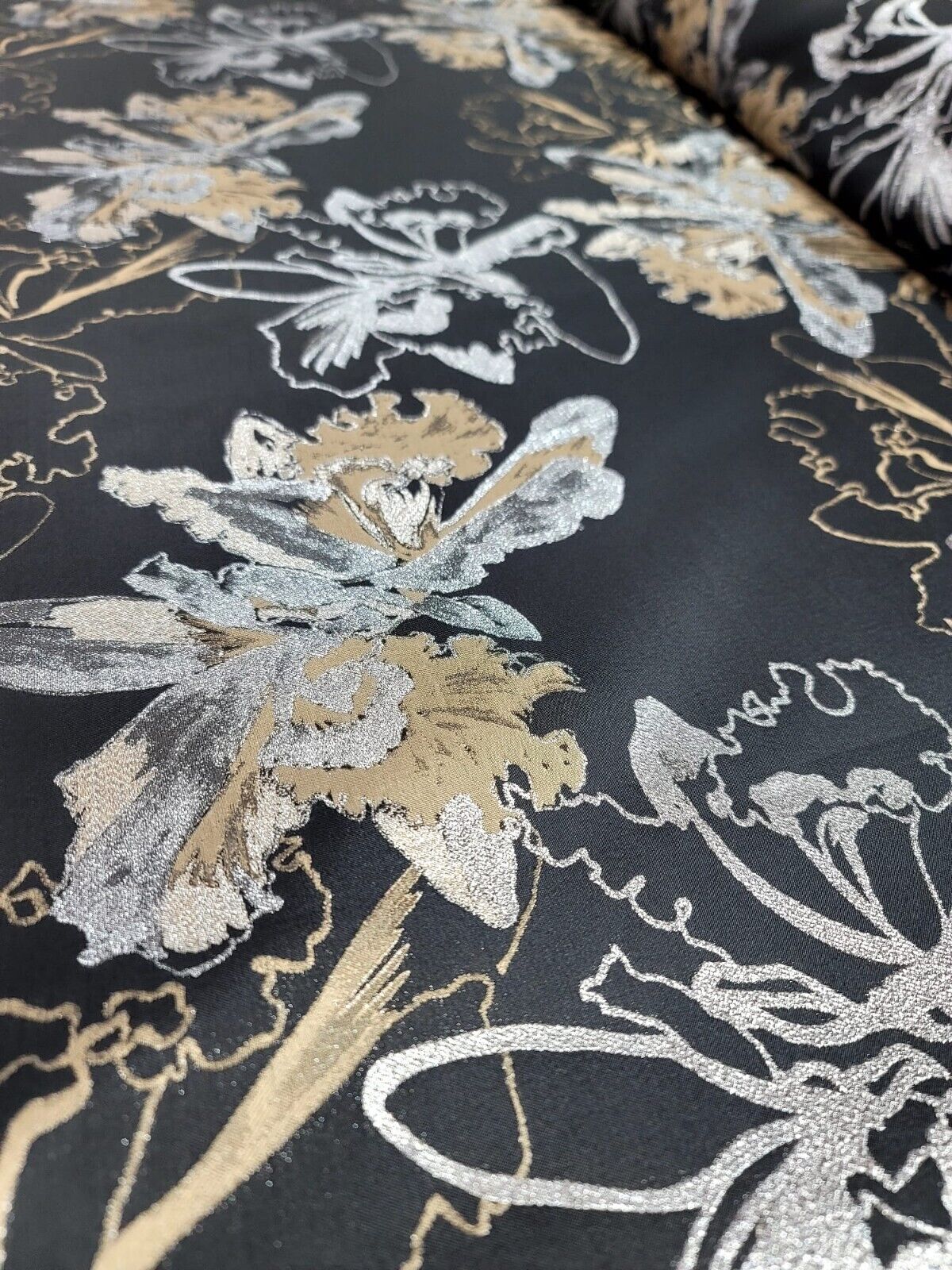 Brocade Jacquard Floral Fabric Gold Silver Black