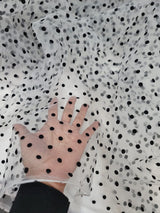 Tulle Mesh Fabric White with Black Velvet Polka Dots