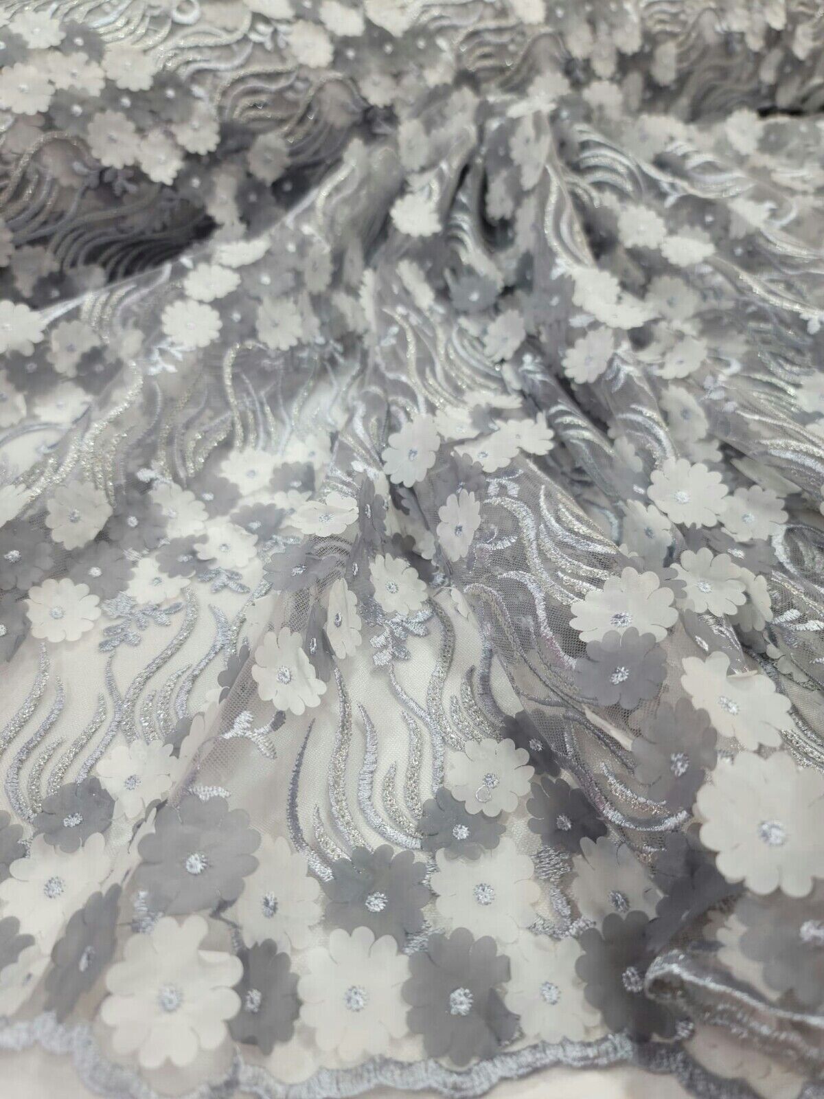 3D Floral Lace Gray Embroidery Sequin Fabric