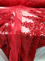 Beaded Embroidered Lace Fabric Red