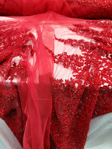 Beaded Embroidered Lace Fabric Red