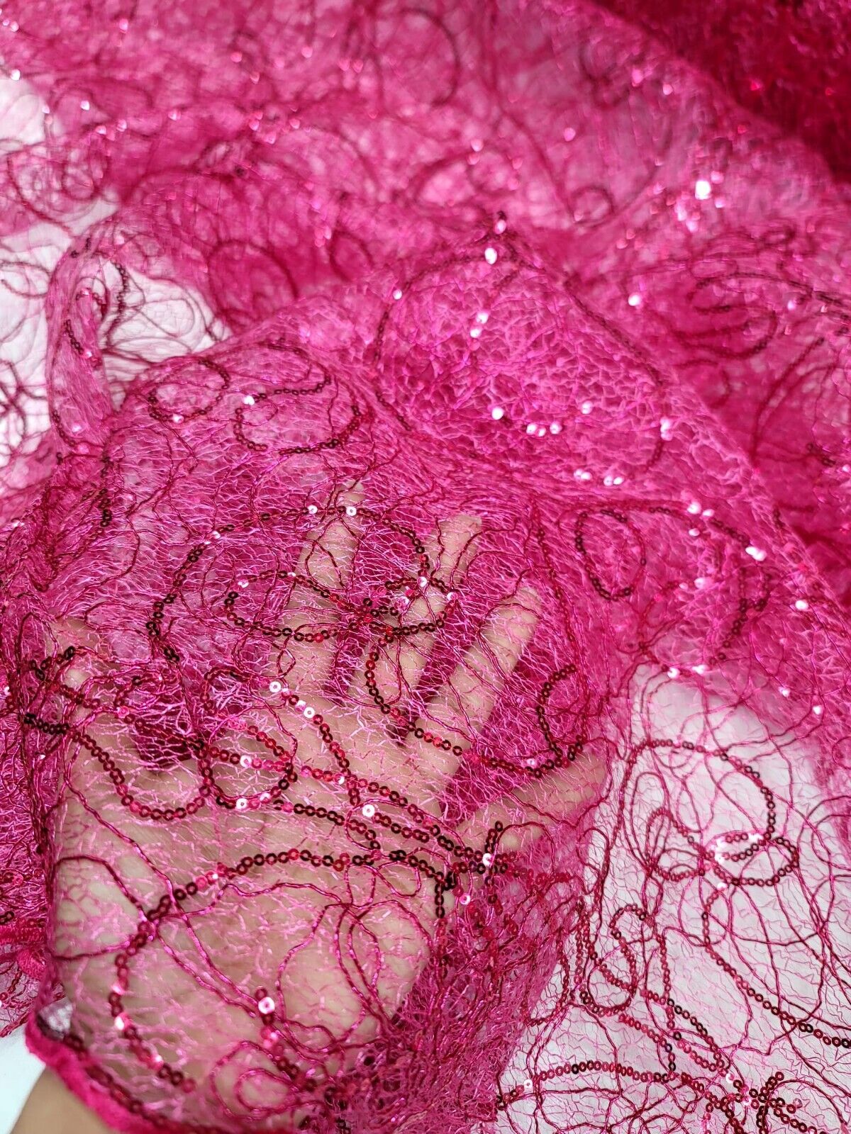 Sequin Mesh Fabric Spider Webs Fuchsia