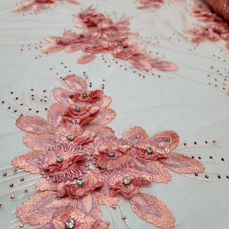3D Floral Lace Coral Beaded