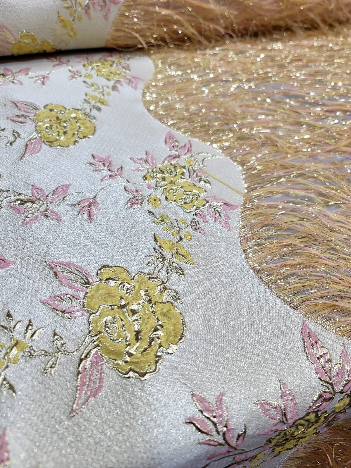 Brocade Jacquard Metallic Yellow Pink Gold