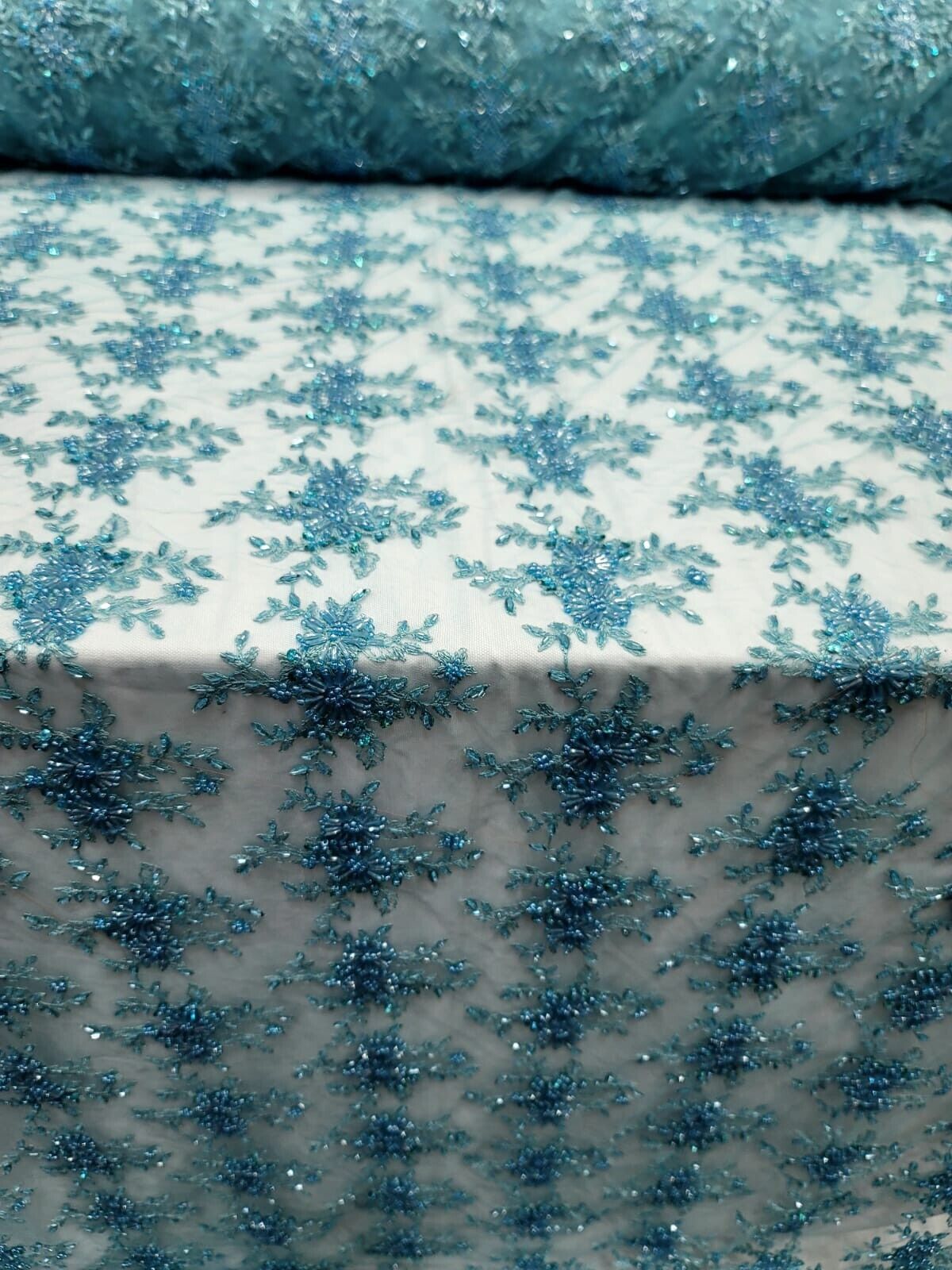 Beaded Embroidered Lace Fabric Turquoise