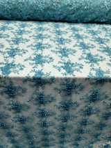 Beaded Embroidered Lace Fabric Turquoise
