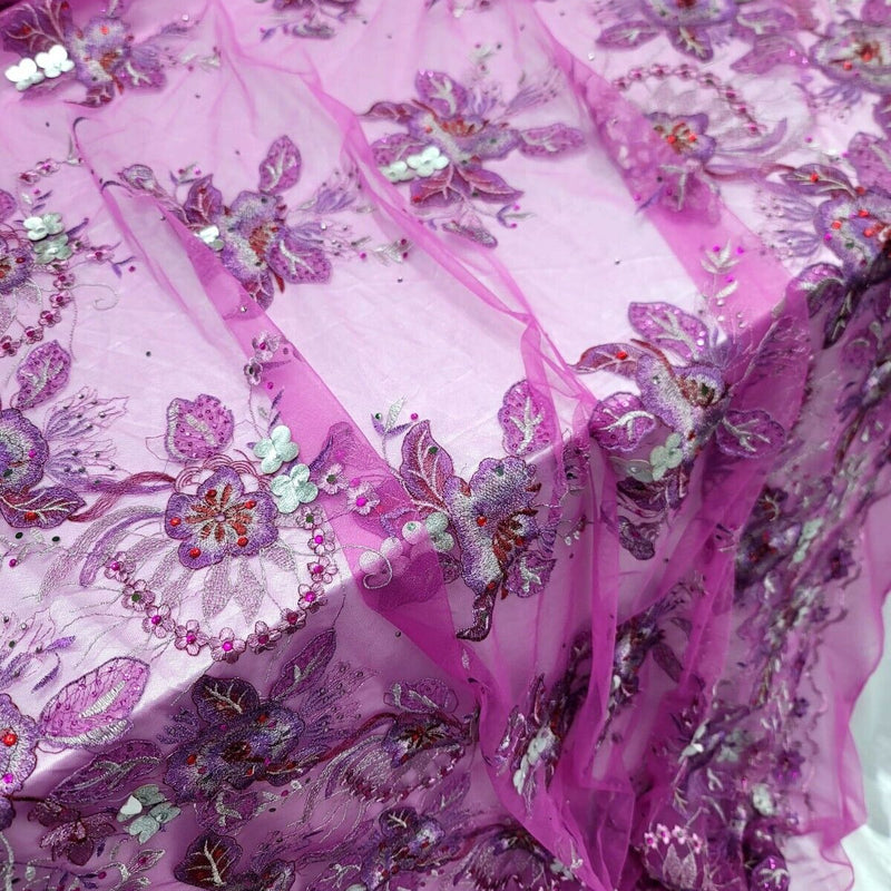 3D Floral Lace Purple with Silver Embroidery