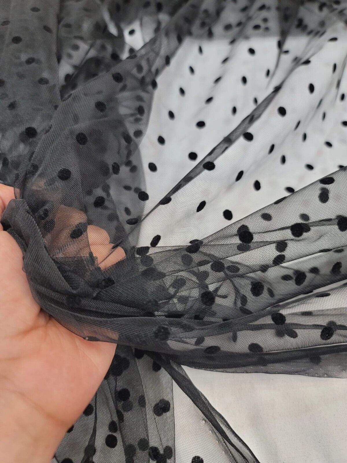 Black Tulle Mesh Fabric with Velvet Polka Dots