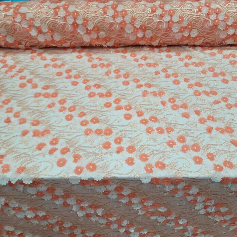 3D Floral Lace Coral Embroidery Sequin Fabric