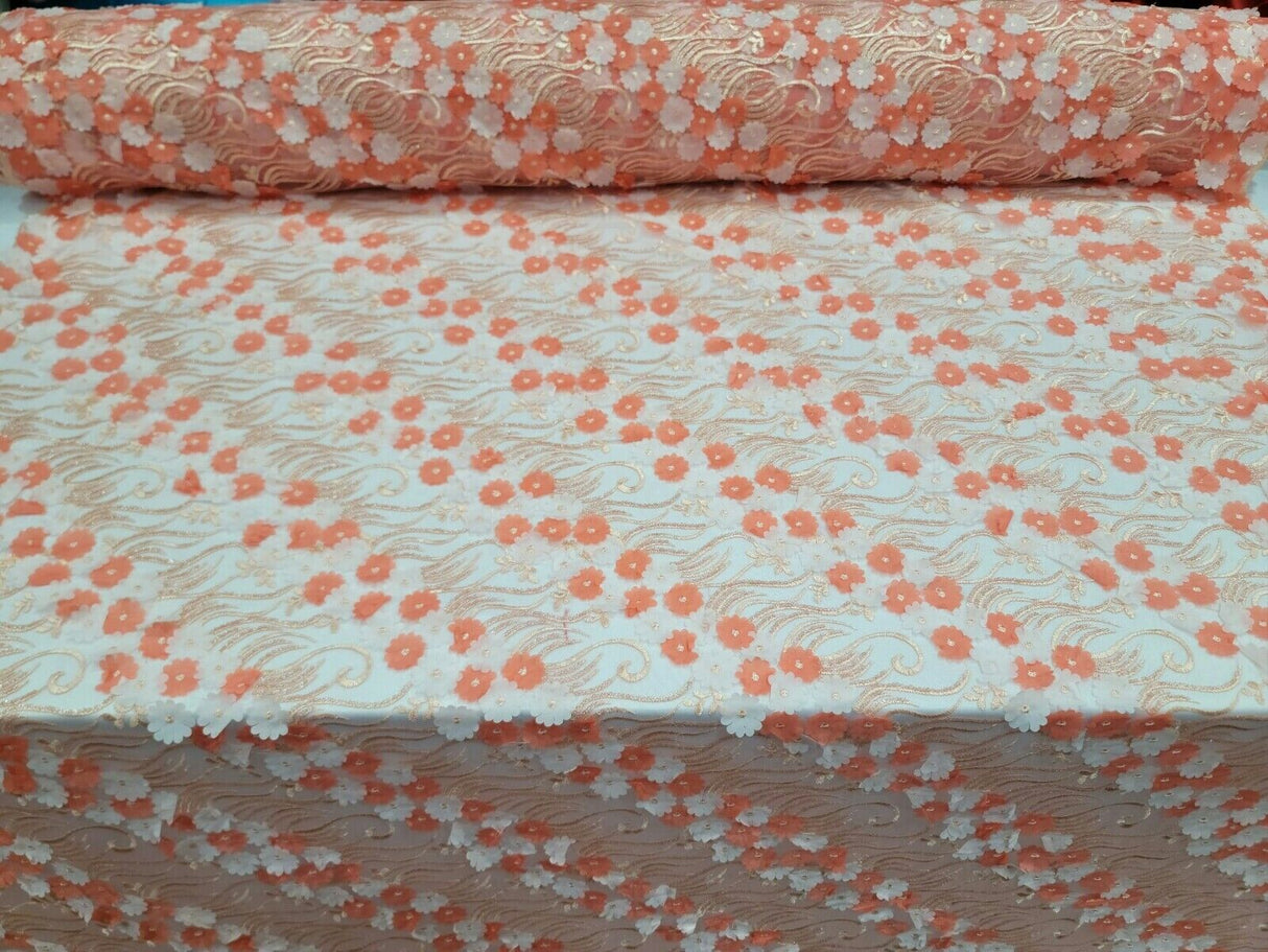 3D Floral Lace Coral Embroidery Sequin Fabric