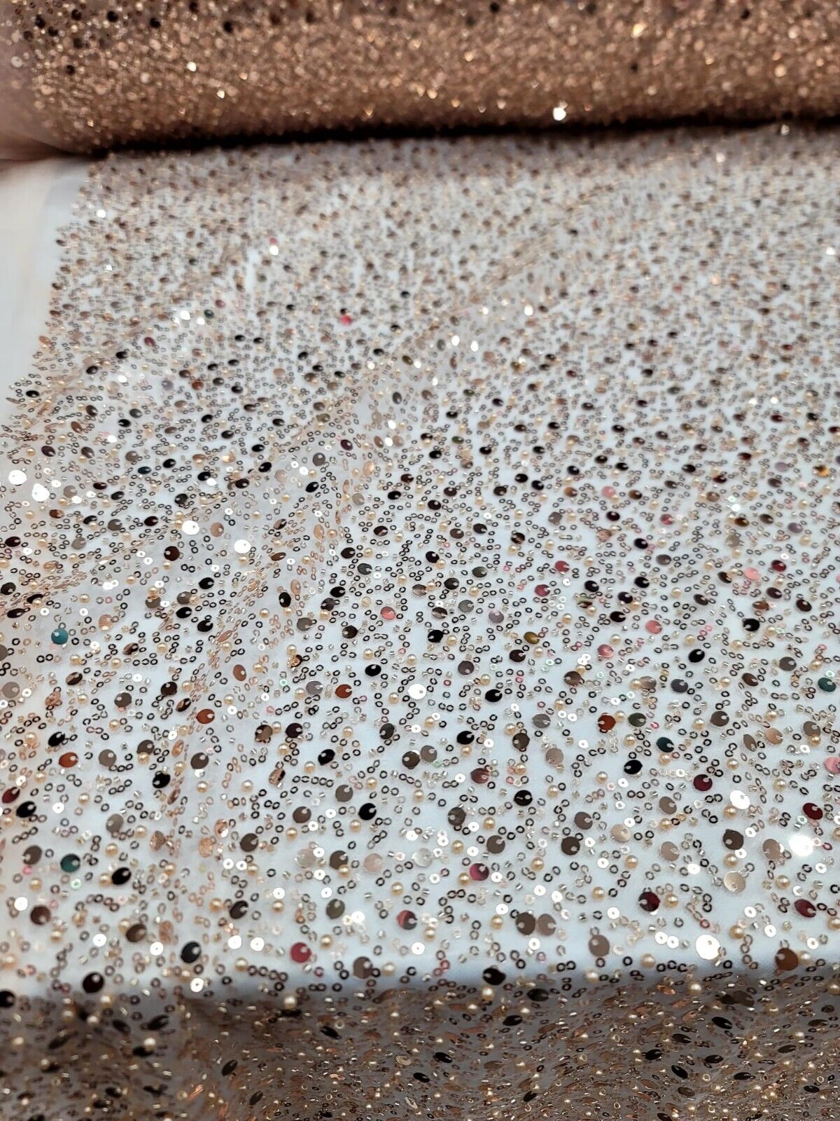 Rose Gold Sequins Beaded Embroidered Stretch Lace Fabric