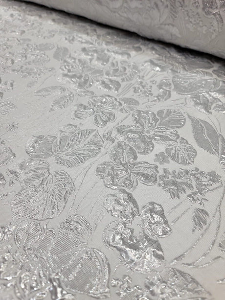 White Silver Floral Brocade Fabric