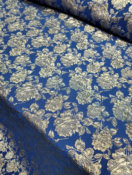 Royal Blue Brocade Fabric Metallic Silver Floral Emboss