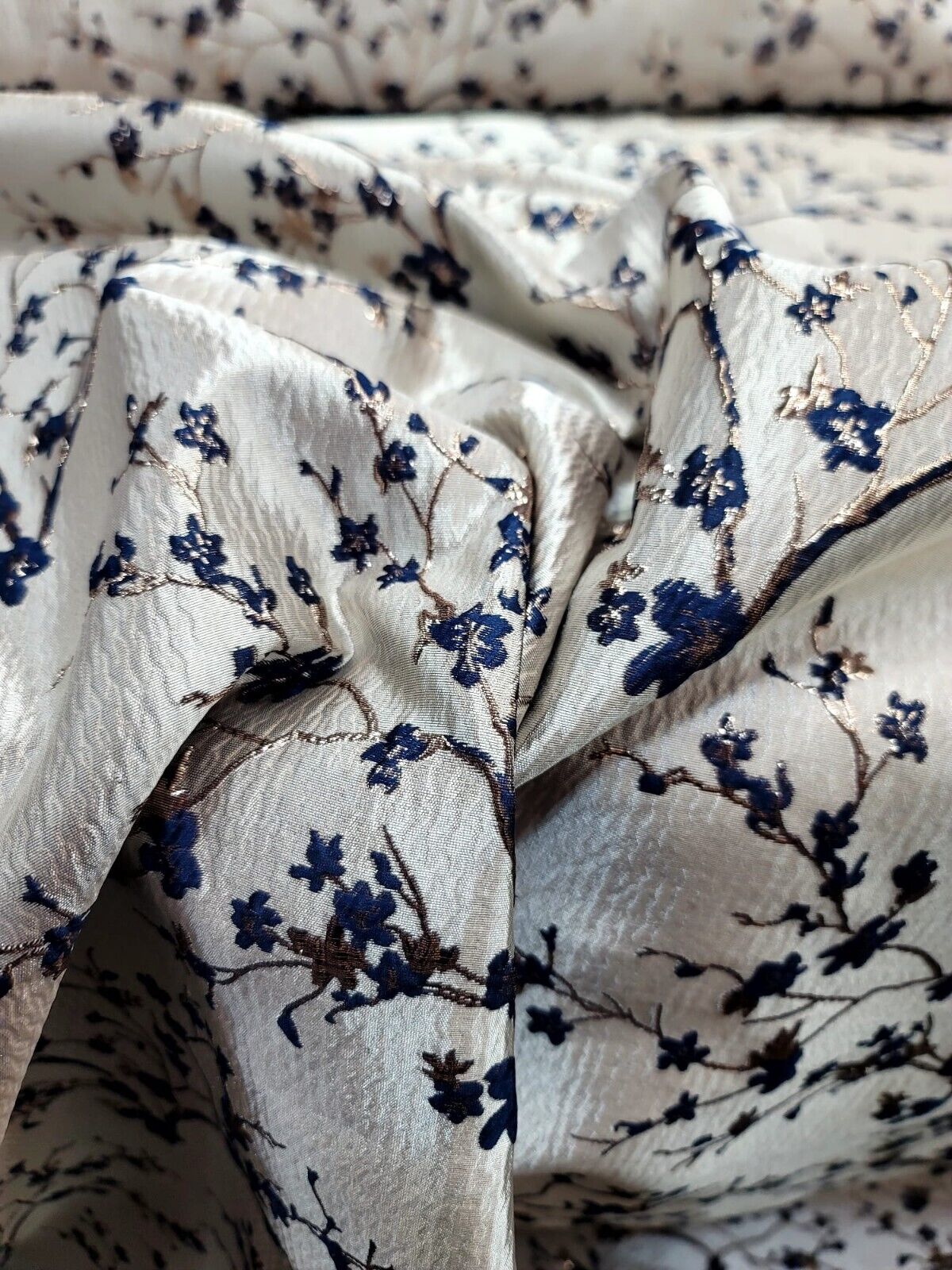 Brocade Jacquard Navy Blue Metallic Rose Gold Floral