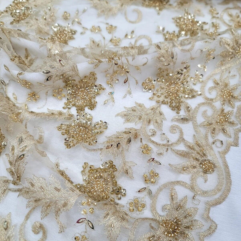 Gold Beaded Sequins Embroidery Bridal Lace