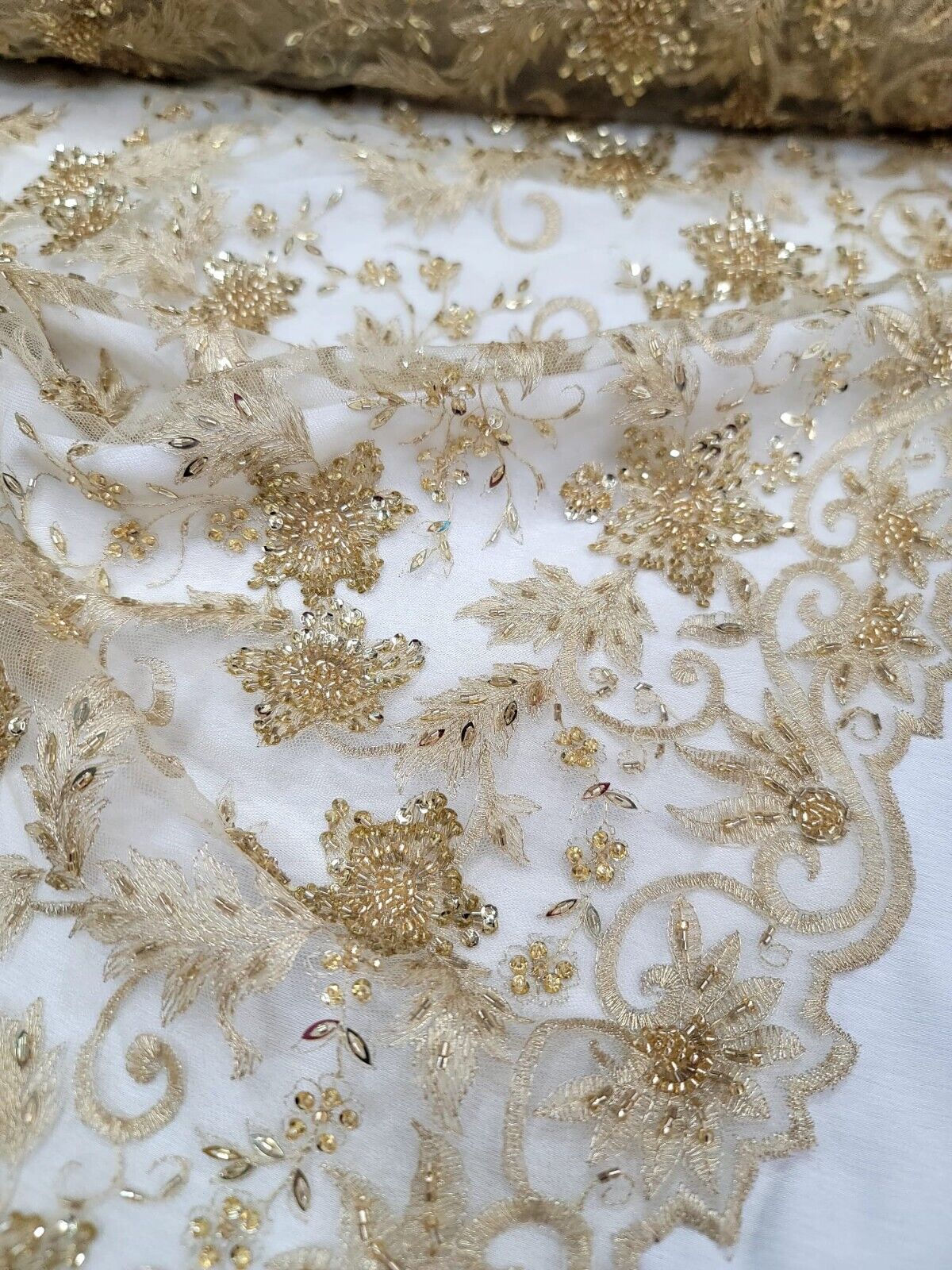 Gold Beaded Sequins Embroidery Bridal Lace