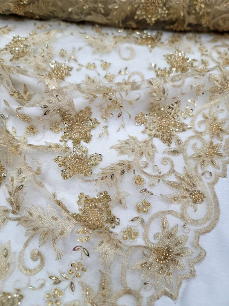 Gold Beaded Sequins Embroidery Bridal Lace