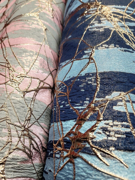 Brocade Jacquard Metallic Navy Blue Sky Blue Gold