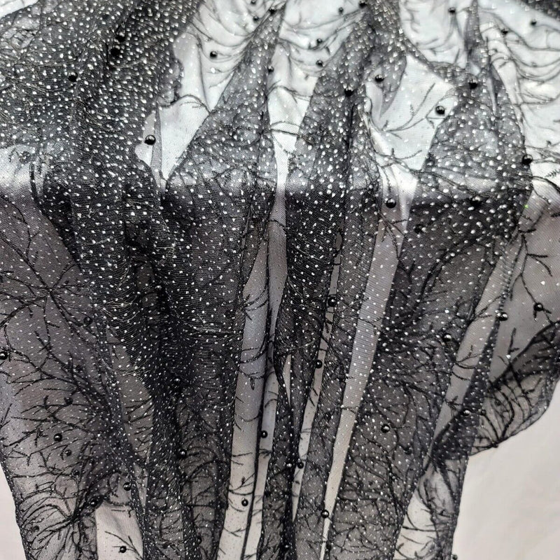 Embroidered Bridal Lace Fabric Black Silver