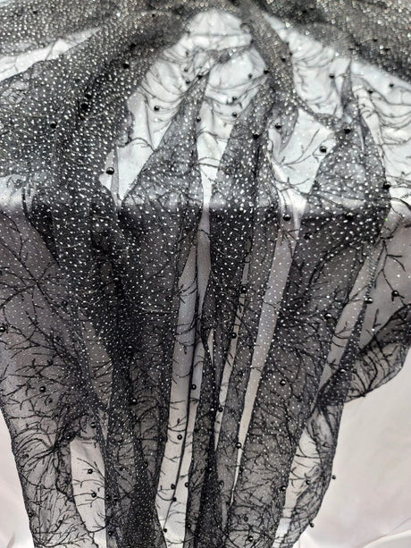 Embroidered Bridal Lace Fabric Black Silver
