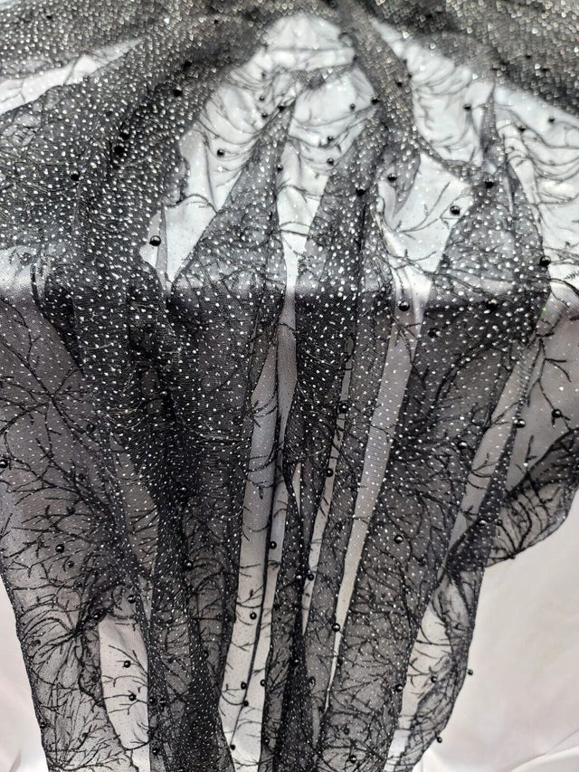 Embroidered Bridal Lace Fabric Black Silver