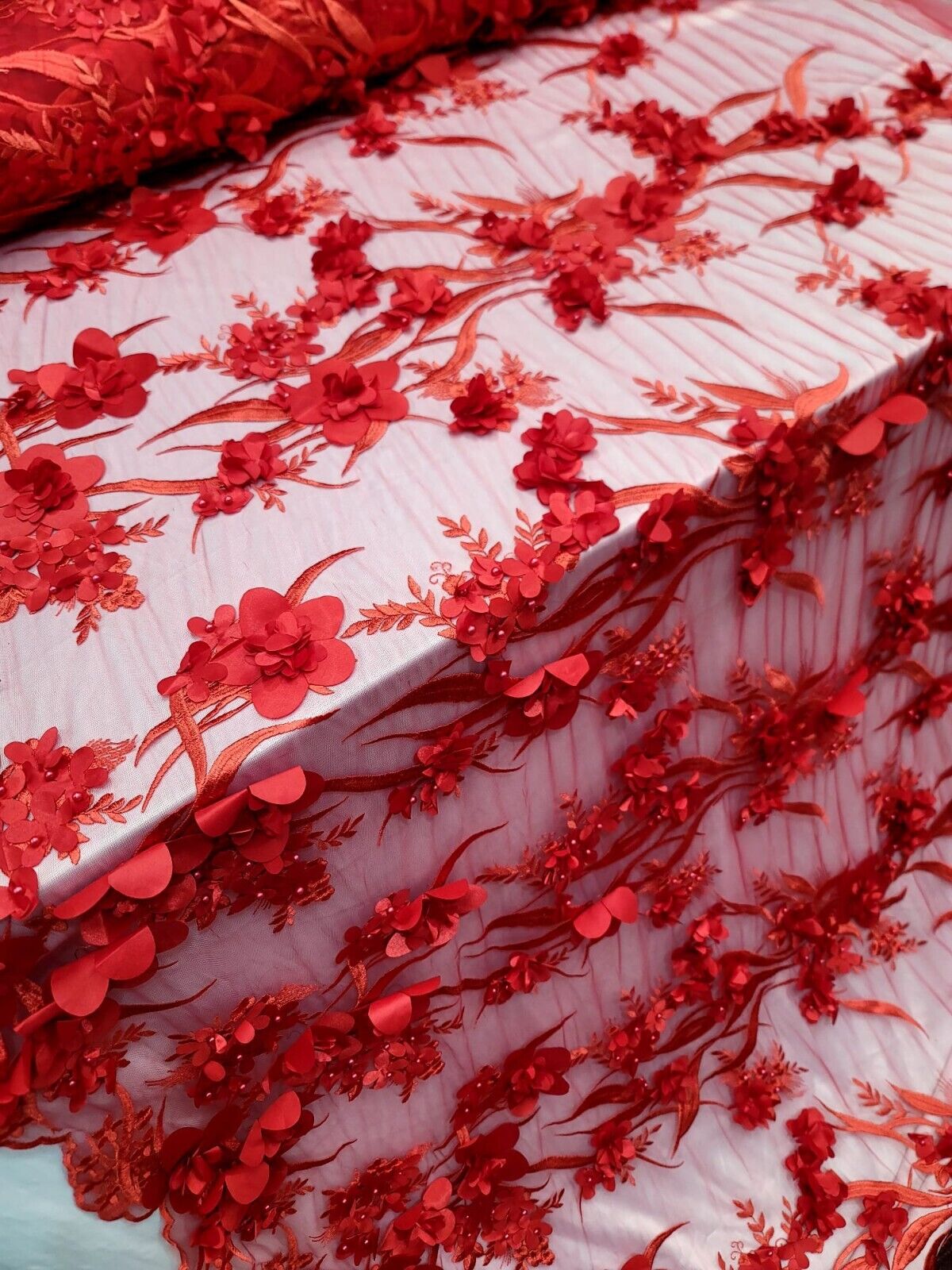 Red 3D Floral Embroidered Pearl Mesh Lace