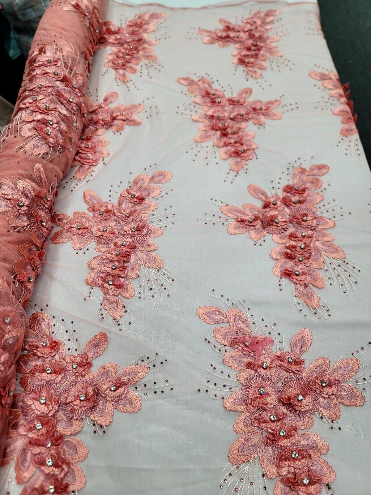 3D Floral Lace Coral Beaded