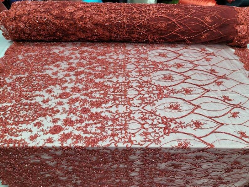 Beaded Lace Fabric Burgundy Floral Embroidery Mesh