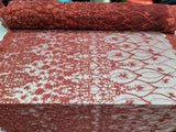 Beaded Lace Fabric Burgundy Floral Embroidery Mesh