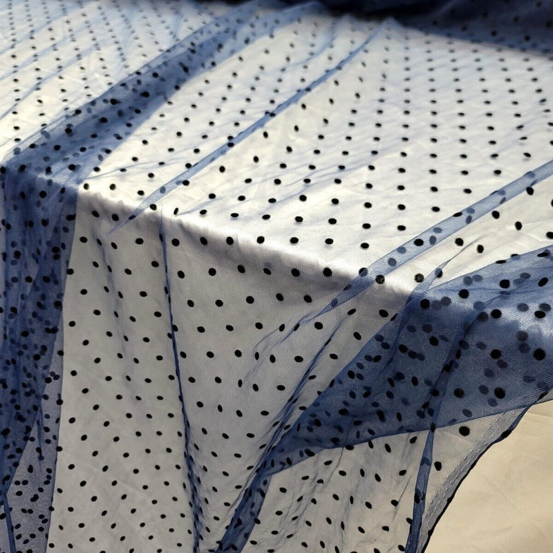 Tulle Mesh Fabric Navy Blue with Black Velvet Polka Dots