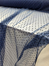 Tulle Mesh Fabric Navy Blue with Black Velvet Polka Dots