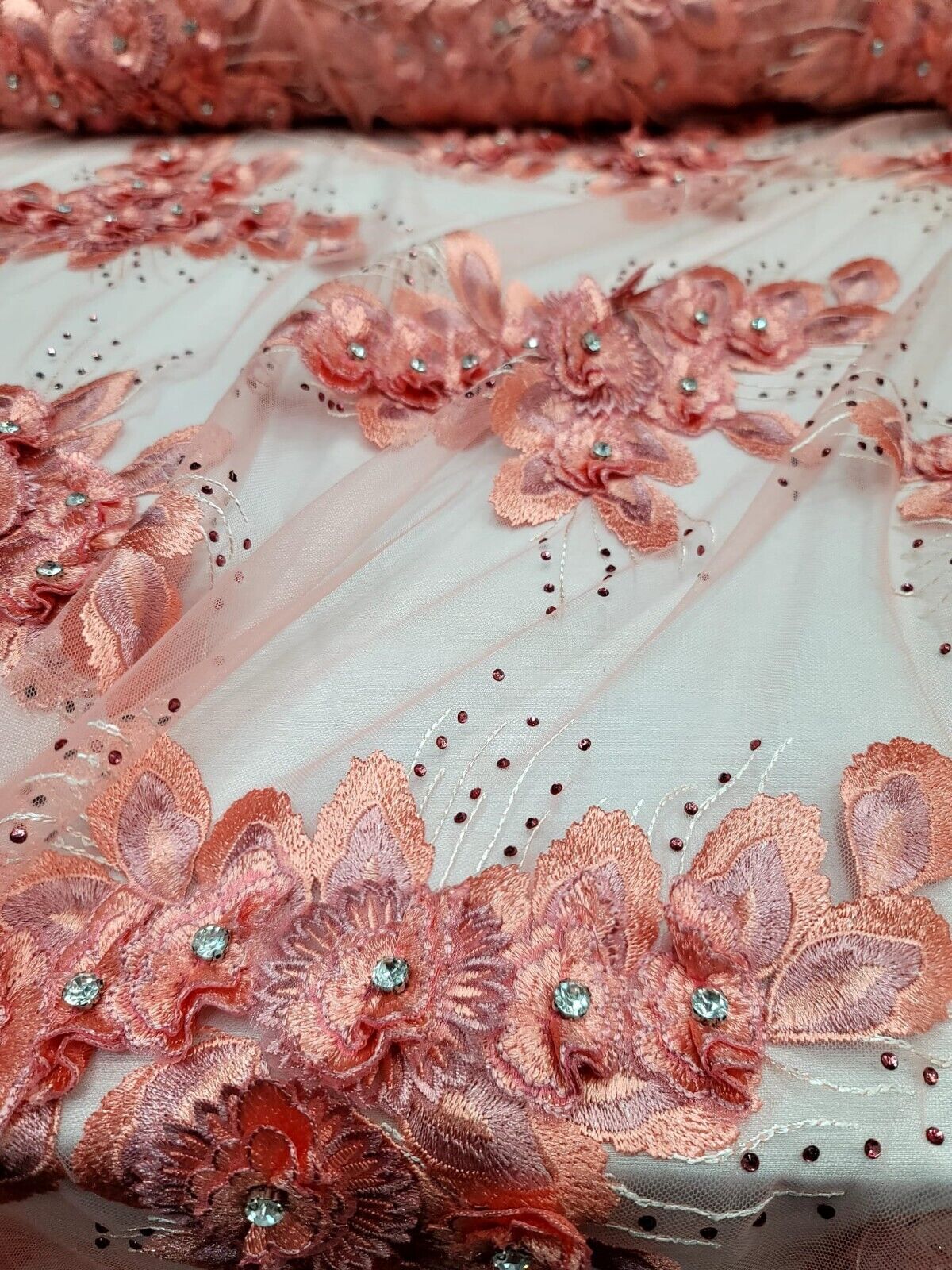 3D Floral Lace Coral Beaded