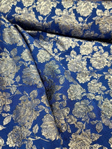 Royal Blue Brocade Fabric Metallic Silver Floral Emboss