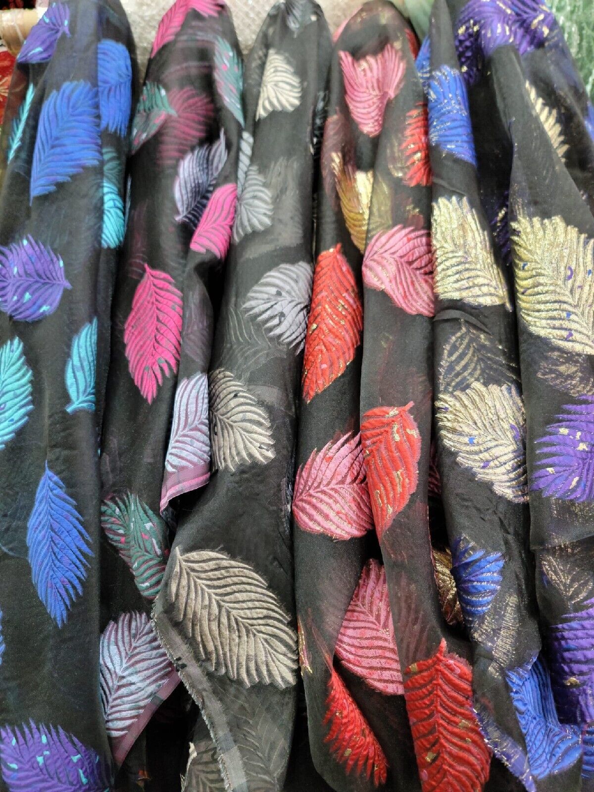 Organza Brocade Fabric Leaves Purple Aqua Blue on Black