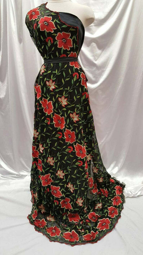 Embroidered Floral Lace on Black Stretch Mesh