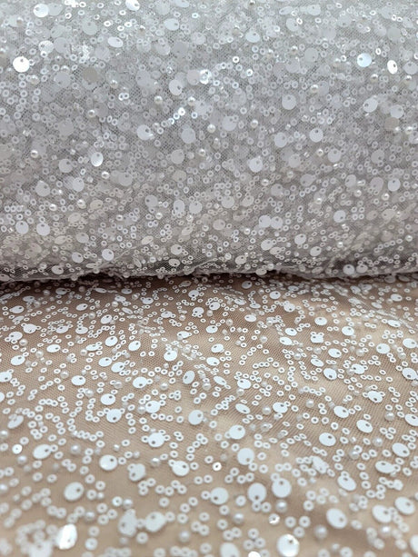 White Beaded Lace Fabric