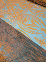 Orange Sequin Embroidered Lace Stretch Mesh Fabric