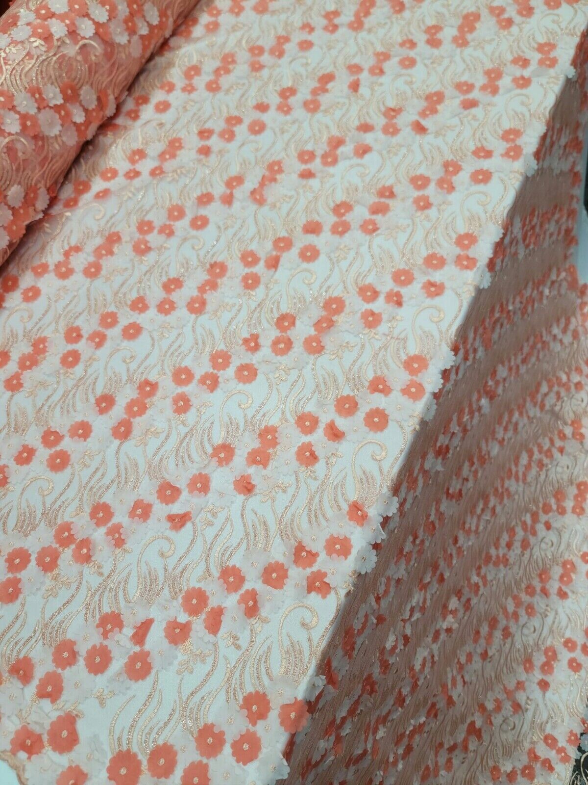 3D Floral Lace Coral Embroidery Sequin Fabric