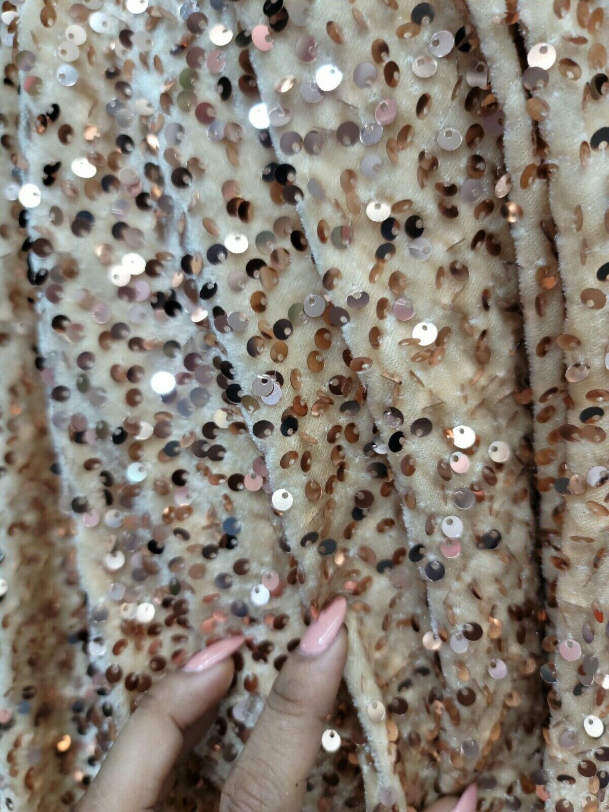 Stretch Velvet Fabric with Embroidery and Sequins Champagne Beige