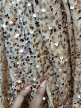 Stretch Velvet Fabric with Embroidery and Sequins Champagne Beige